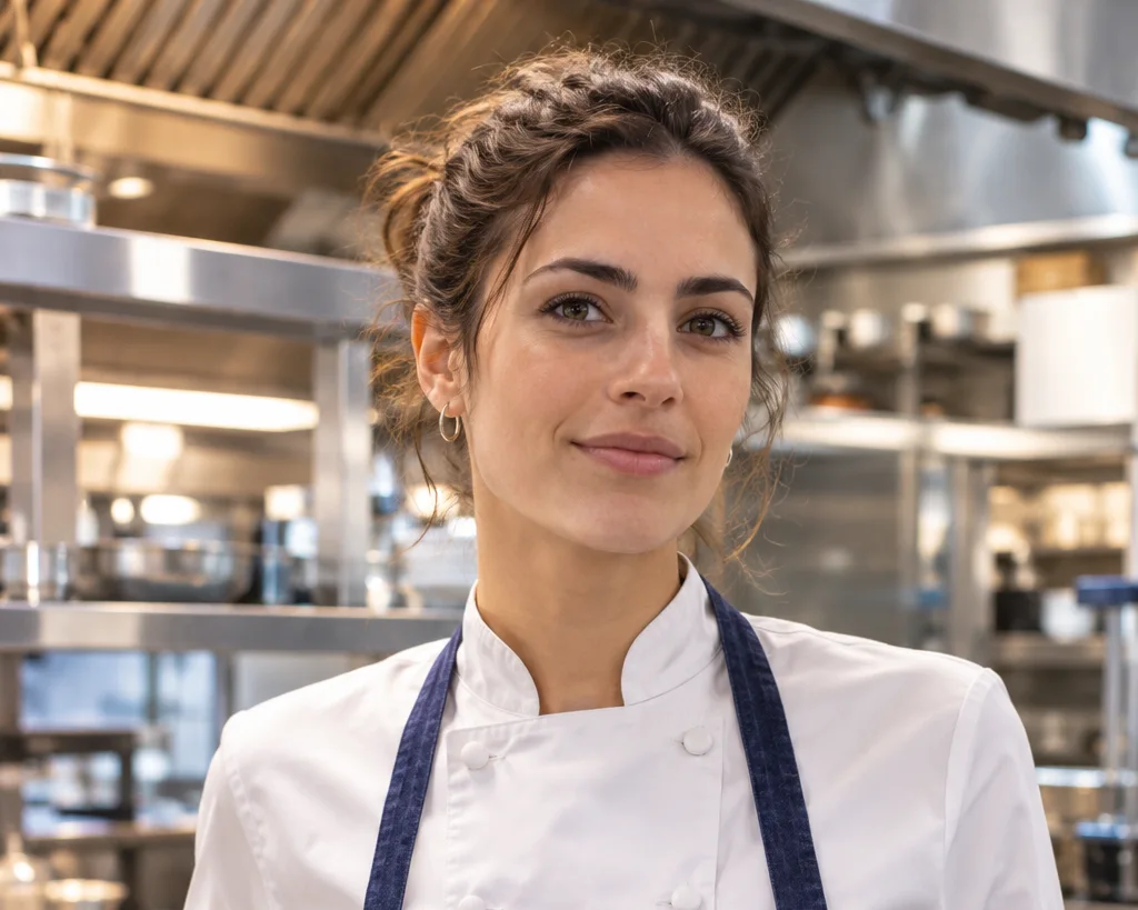 Cocinera con chaquetilla blanca en el pase de una cocina